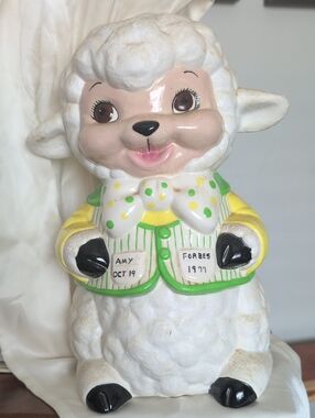Vintage Ceramic Lamb Piggy Bank 1970's with Yellow & Green Jacket